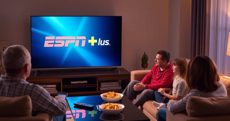 A sleek LG Smart TV displaying the vibrant ESPN Plus logo on its screen, surrounded by a cozy living room setting. Soft ambient lighting highlights a stylish coffee table with snacks and a remote control, while a family of four eagerly gathers on a comfortable couch, ready to enjoy their favorite sports.