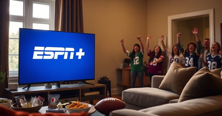 A cozy living room with a sleek Samsung Smart TV displaying the ESPN Plus logo, surrounded by snacks, a football, and a remote control. Soft evening light filters through a window, illuminating a comfortable couch, while excited fans wearing team jerseys cheer in the background, creating an atmosphere of anticipation and fun.