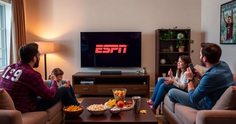 A cozy living room with a sleek Vizio Smart TV displaying the ESPN logo, surrounded by snacks like popcorn and chips on a coffee table. Warm lighting sets the mood, while a family excitedly gathers on a comfortable couch, remote in hand, ready to watch their favorite sports game together.