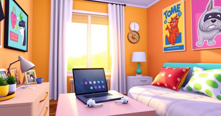 A colorful Sims 4 bedroom scene featuring a stylish desk adorned with a laptop, vibrant posters on the walls, and a pair of sleek wireless earbuds resting on the desk. The room is filled with playful decor, a cozy bed with fluffy pillows, and a window showing a sunny day outside, creating an inviting atmosphere for gamers.