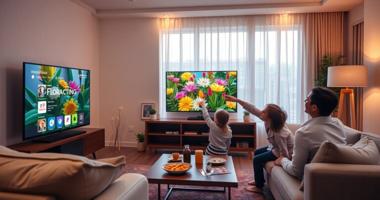 A cozy living room with a modern Smart TV displaying the vibrant Floracing interface, surrounded by a stylish sofa, warm ambient lighting, and a coffee table with snacks. A family gathers, eagerly pointing at the screen, with excitement in the air, capturing the essence of technology and family bonding in a contemporary home setting.