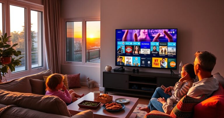 A cozy living room with a modern smart TV displaying vibrant, free streaming channels. A family sits comfortably on a plush couch, snacks on a coffee table, surrounded by warm lighting and colorful cushions. A window reveals a sunset, casting a golden glow, creating a welcoming atmosphere for watching movies and shows together.
