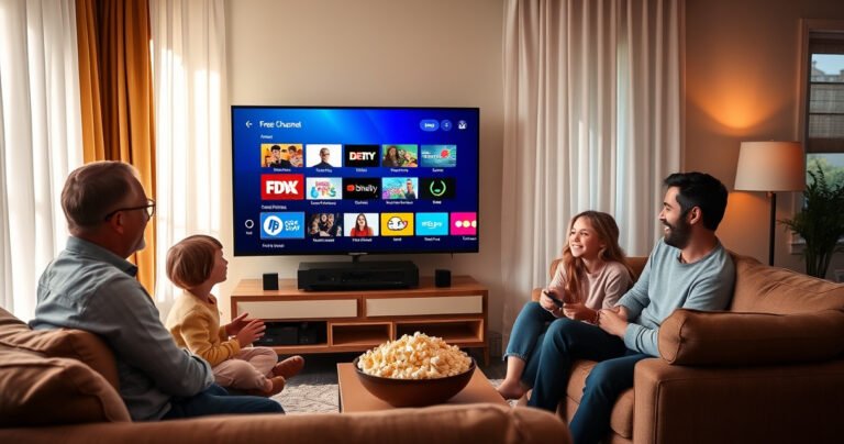 A cozy living room with a modern smart TV displaying vibrant free channel options, surrounded by a comfortable couch, popcorn bowl, and a glowing remote control. Sunlight filters through sheer curtains, creating a warm atmosphere, while a family joyfully gathers, discussing their favorite shows, reflecting a sense of easy entertainment and accessibility.