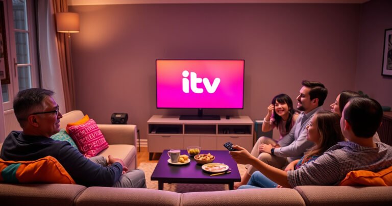 A cozy living room with a modern smart TV displaying the ITV logo, surrounded by a comfortable sofa, colorful cushions, and a coffee table with snacks. Soft ambient lighting creates a warm atmosphere, while a family joyfully gathers around, ready to watch their favorite show, with a sleek remote control in hand.