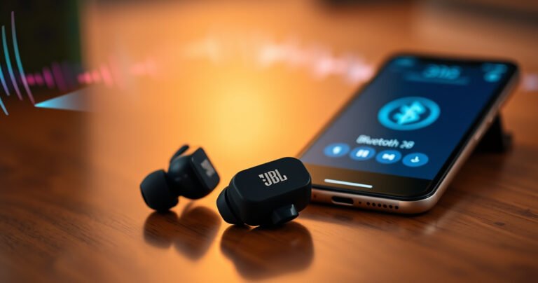 A close-up of sleek JBL earbuds resting on a wooden table, surrounded by vibrant sound waves visually emanating from them. Soft ambient lighting highlights the earbuds’ glossy finish, while a smartphone displays a Bluetooth pairing screen nearby, creating a tech-savvy atmosphere that captures the essence of modern audio connectivity.