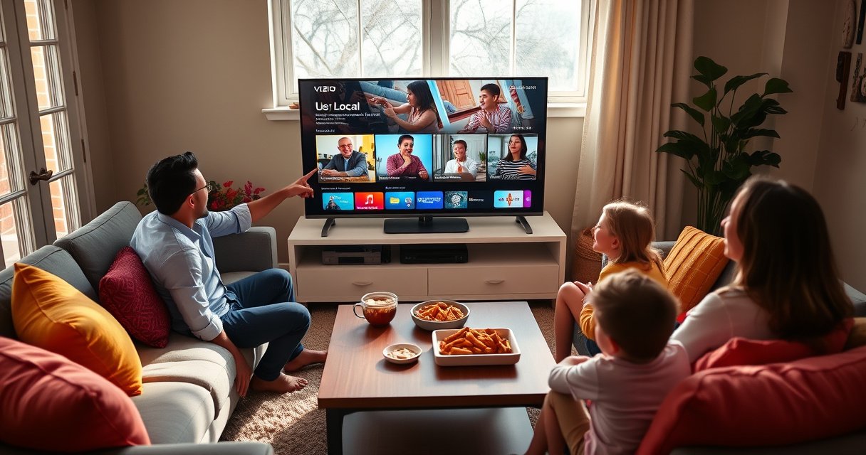 A cozy living room featuring a sleek Vizio Smart TV displaying vibrant local channels, surrounded by a comfortable sofa, a coffee table with snacks, and sunlight streaming through a window, illuminating the space. A family joyfully interacts, pointing at the screen, while colorful pillows add warmth and a sense of home.
