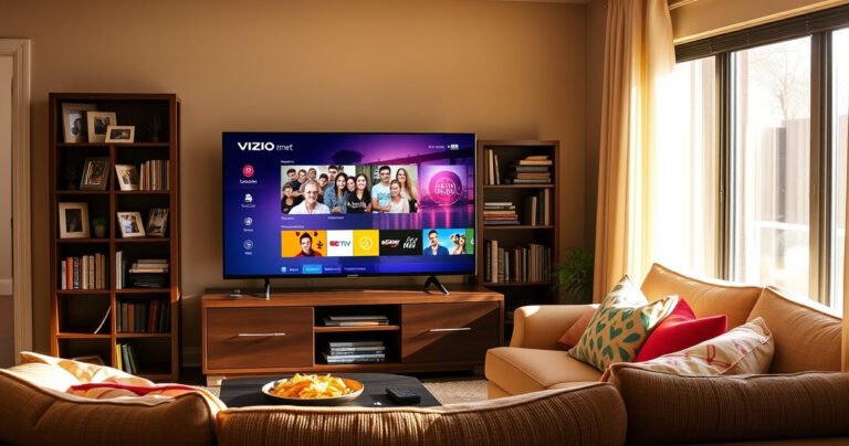 A cozy living room featuring a sleek Vizio Smart TV displaying vibrant local channels, surrounded by a warm ambiance. Sunlight streams through a window, illuminating a plush sofa with colorful cushions. A coffee table holds snacks and a remote, while a bookshelf in the background showcases family photos, creating an inviting atmosphere for entertainment and relaxation.