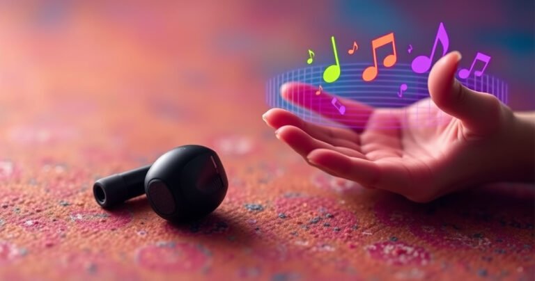 A close-up view of sleek Raycon earbuds resting on a vibrant, textured background, with soft glowing lights emanating from the earbuds. A pair of hands demonstrating the pairing process, surrounded by colorful sound waves and music notes, symbolizing connectivity and rhythm, creating an energetic and tech-savvy atmosphere.
