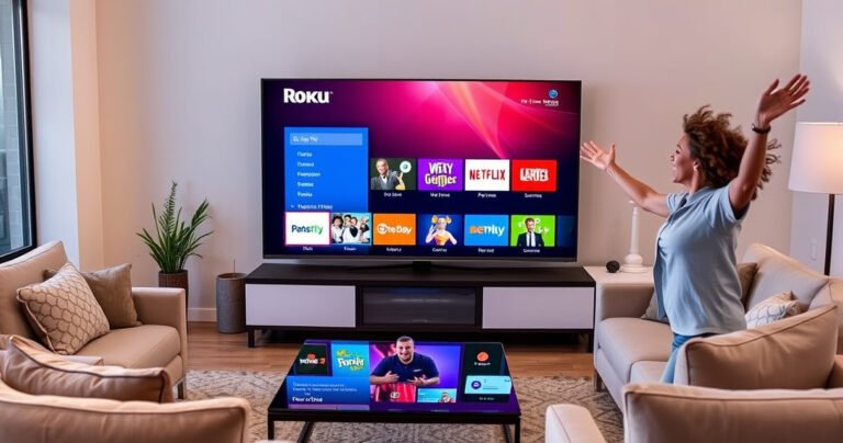 A modern living room featuring a sleek smart TV displaying the Roku interface, vibrant colorful app icons glowing on the screen. Cozy furniture surrounds a coffee table with a remote control, soft lighting enhances the welcoming atmosphere, and a user, excitedly interacting with the TV, embodies the ease of setup and entertainment possibilities.