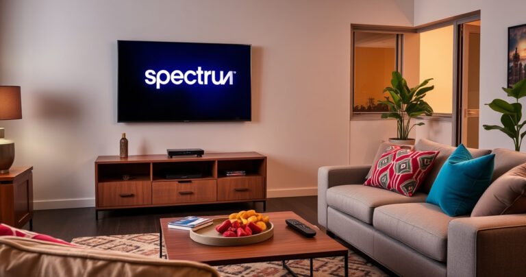 A modern living room featuring a sleek smart TV displaying the Spectrum logo, a cozy couch adorned with colorful cushions, a stylish coffee table with a remote control and snacks, soft ambient lighting creating a warm atmosphere, and a window revealing a sunset outside, inviting viewers to relax and enjoy their favorite shows effortlessly.