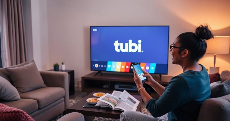 A cozy living room featuring an LG Smart TV displaying the Tubi logo, surrounded by plush sofas and a coffee table with snacks. Warm lighting creates an inviting atmosphere, while a user joyfully sets up the TV, a smartphone in hand, with a guidebook opened beside them, showcasing a seamless tech experience.