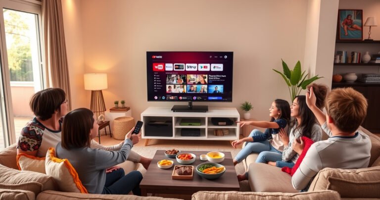 A modern living room featuring a sleek smart TV displaying the YouTube TV interface, cozy furnishings, warm lighting, and a family gathered around, excitedly interacting with the remote. Colorful cushions on a plush sofa, a coffee table with snacks, and a window revealing a sunny day outside create an inviting atmosphere of entertainment and connection.