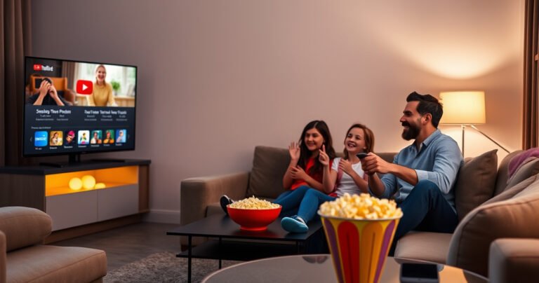 A cozy living room with a modern Samsung Smart TV displaying the YouTube interface. A family of four, excited and smiling, seated on a plush sofa, remote in hand. Soft ambient lighting highlights the room, while a colorful bowl of popcorn sits on a stylish coffee table, inviting viewers to enjoy a movie night.