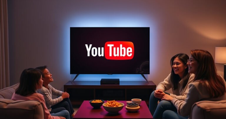 A sleek Samsung Smart TV displaying the vibrant YouTube logo, surrounded by a cozy living room setting. Soft ambient lighting highlights a plush sofa and a stylish coffee table with snacks. A family eagerly gathers around, smiles on their faces as they prepare to dive into a world of streaming entertainment.