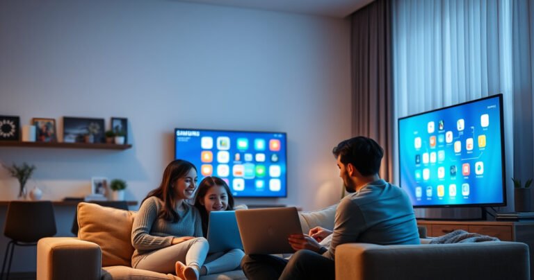 A sleek Samsung Smart TV in a modern living room, glowing with vibrant internet icons on its screen. A family sits together on a cozy couch, engaged and smiling, with a laptop open beside them. Soft ambient lighting highlights the contemporary decor, creating a warm, inviting atmosphere that emphasizes connection and technology.