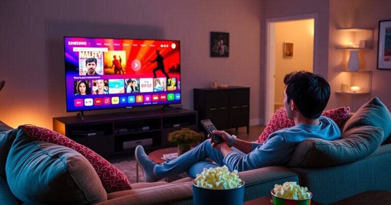 A cozy living room featuring a sleek Samsung Smart TV displaying vibrant online content, a person comfortably seated on a plush sofa, a remote in hand, surrounded by warm ambient lighting, colorful throw pillows, and a hint of popcorn on a nearby table, conveying a sense of technological ease and home entertainment.