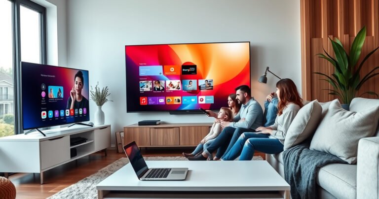 A sleek modern living room featuring a large smart TV displaying a vibrant home screen. A family gathers around, excitedly interacting with a remote control. Bright sunlight streams through large windows, highlighting cozy furniture and a plant in the corner. A laptop rests on a coffee table, symbolizing the connection to the internet.