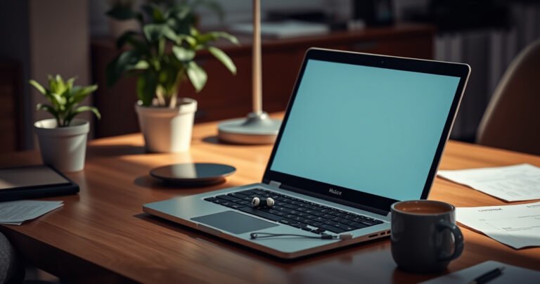 A sleek office desk with a stylish laptop open, discreetly hidden earbuds blending seamlessly into a neatly organized workspace. A potted plant casts soft shadows, while a coffee mug and scattered papers add a touch of realism. A subtle glance from a curious coworker hints at the secret, creating an atmosphere of intrigue and stealth.
