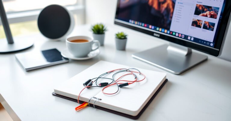 A sleek, modern office desk with a neatly organized workspace. Earphones cleverly hidden inside a stylish notebook, with a subtle hint of colorful wires peeking out. A cup of coffee and a small potted plant add a touch of life, while a computer screen displays a productivity app, embodying the balance of work and discreet relaxation.