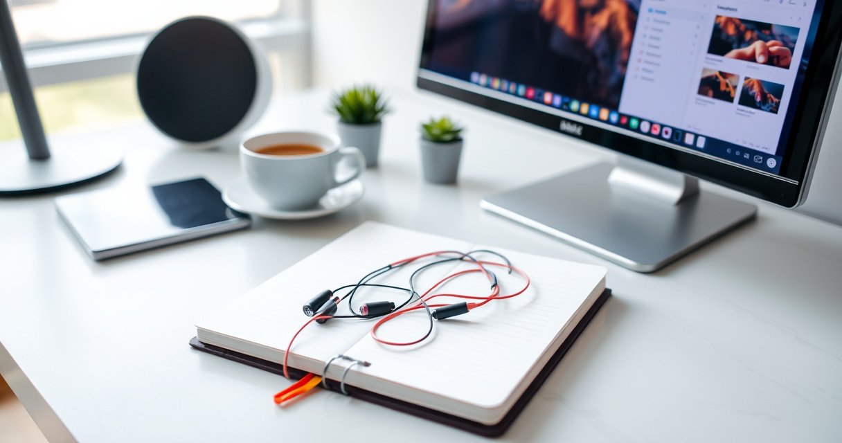 A sleek, modern office desk with a neatly organized workspace. Earphones cleverly hidden inside a stylish notebook, with a subtle hint of colorful wires peeking out. A cup of coffee and a small potted plant add a touch of life, while a computer screen displays a productivity app, embodying the balance of work and discreet relaxation.