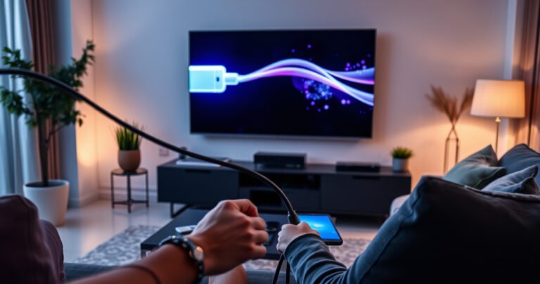 A sleek, modern living room featuring a large Samsung Smart TV displaying a vibrant internet connection screen. In the foreground, a person is connecting a cable, surrounded by various smart devices like a tablet and smartphone. Soft ambient lighting creates a cozy atmosphere, while a stylish sofa and decorative plants add a touch of comfort and tech-savvy elegance.