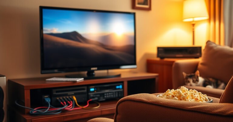 A cozy living room scene featuring a sleek smart TV and an old-fashioned DVD player, vibrant cables intertwining, a soft glow from the screens, a bowl of popcorn on a comfy couch, and a curious cat peeking from behind the TV stand, all set against warm, inviting lighting that captures the nostalgia of home entertainment.