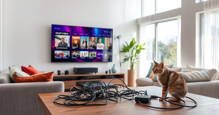 A sleek modern living room with a large smart TV displaying vibrant cable channels, a cozy sofa with colorful cushions, a tangled mess of cables on a wooden table, a curious cat peeking at the TV, bright daylight streaming through large windows, and a warm inviting atmosphere that beckons viewers to connect their devices.