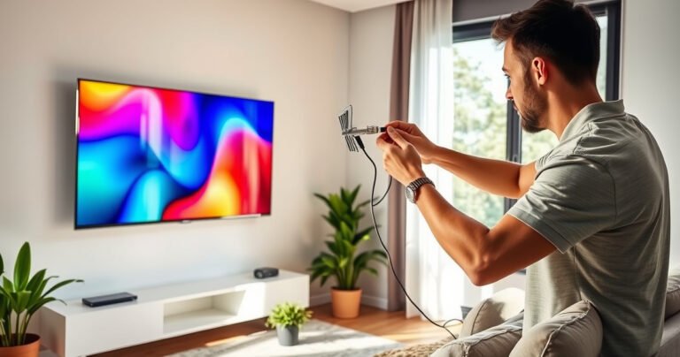 A sleek modern living room featuring a vibrant smart TV displaying a clear, colorful image, while a user connects a shiny, metallic antenna with visible cables. Sunlight streams through a window, illuminating a stylish couch and potted plants, creating a warm, inviting atmosphere that emphasizes the simplicity and modernity of the setup process.