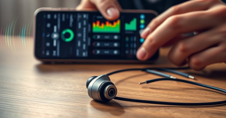 A close-up of a pair of sleek, modern earphones resting on a wooden table, surrounded by vibrant sound waves visually emanating from them. In the background, a smartphone displays audio settings with colorful equalizer bars, while a pair of hands deftly adjust the volume, conveying a sense of urgency and enthusiasm for sound enhancement.
