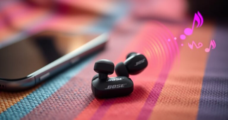 A close-up of sleek Bose earbuds resting on a vibrant, textured fabric background, with sound waves visually emanating from them in bright colors. Subtle hints of a smartphone and music notes in the background, evoking a dynamic and engaging atmosphere focused on enhancing audio experiences. Soft, warm lighting enhances the inviting feel.