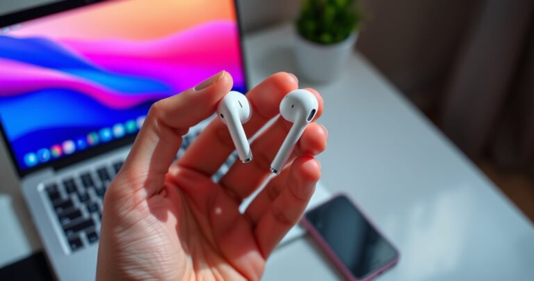 A close-up view of a person holding a pair of Apple Earphones, with vibrant colors reflecting on the sleek white design. The background features an open laptop and a smartphone, emphasizing a tech-savvy environment. Bright, inviting lighting highlights the earphones as they hover near the ears, illustrating the ease of use in a modern lifestyle.