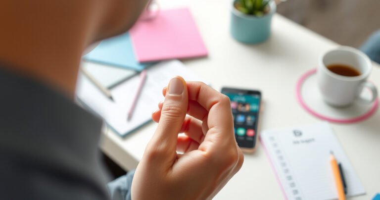 A close-up of a person’s hand gently placing vibrant Beats earbuds into a colorful, modern ear. The background is a bright, inviting workspace with a smartphone displaying music apps, surrounded by notes and a coffee cup, creating an energetic and engaging atmosphere that emphasizes ease and style in using the earbuds.