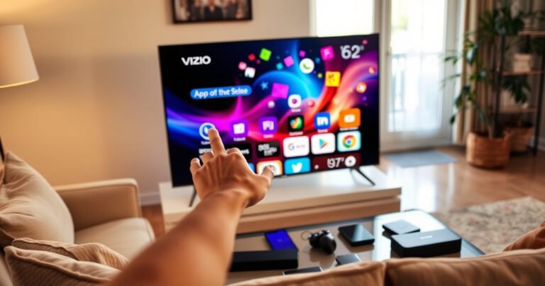 A sleek Vizio Smart TV displaying a colorful app store interface, with vibrant app icons swirling around, a user’s hand reaching toward the screen, surrounded by cozy living room decor. Soft ambient lighting highlights a comfortable couch and a coffee table filled with tech gadgets, creating an inviting atmosphere for app installation.