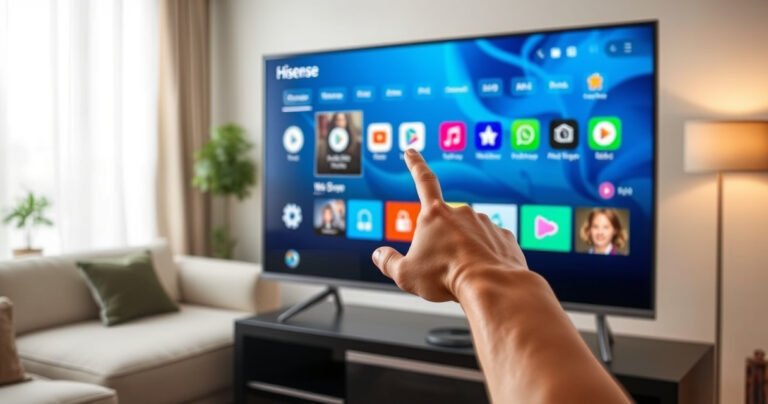 A sleek Hisense Smart TV displaying a vibrant app store interface, surrounded by colorful app icons. In the background, a cozy living room with soft lighting and a comfortable couch, inviting viewers to explore the world of apps. A hand reaching towards the screen, symbolizing ease of navigation and user-friendly technology.