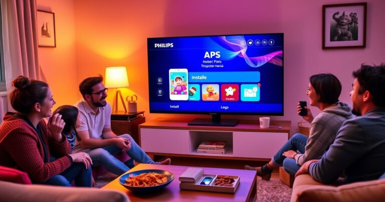 A cozy living room featuring a sleek Philips Smart TV displaying an app installation screen, surrounded by excited family members. Vibrant colors illuminate the space, with snacks on the coffee table and a warm glow from a lamp, highlighting the joy of technology and togetherness as they explore new apps.
