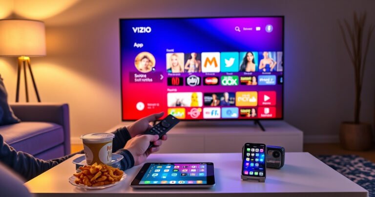A sleek Vizio Smart TV illuminated in a cozy living room, with a vibrant app selection displayed on the screen. A person is using a remote, surrounded by snacks and a warm glow from a nearby lamp. A modern coffee table holds a tablet and a smartphone, both showcasing app icons, inviting viewers to explore technology.