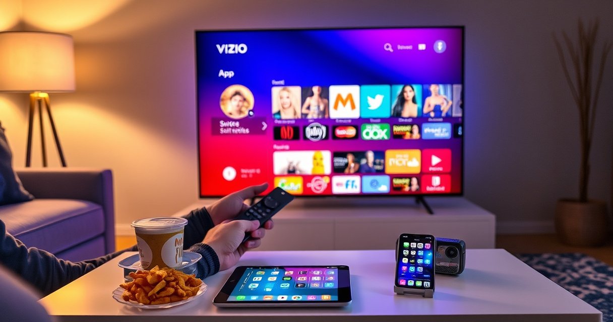 A sleek Vizio Smart TV illuminated in a cozy living room, with a vibrant app selection displayed on the screen. A person is using a remote, surrounded by snacks and a warm glow from a nearby lamp. A modern coffee table holds a tablet and a smartphone, both showcasing app icons, inviting viewers to explore technology.