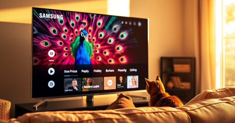 A sleek Samsung Smart TV displays a vibrant Peacock streaming interface, with colorful peacock feathers elegantly framing the screen. A cozy living room setting surrounds it, featuring a plush sofa and a curious cat gazing at the glowing display. Warm sunlight filters through a window, creating an inviting atmosphere of modern technology and comfort.