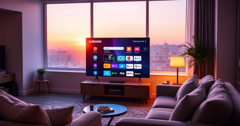 A sleek Samsung Smart TV glowing in a cozy living room, with a vibrant interface of Samsung TV Plus displayed on the screen. Soft ambient lighting highlights the modern decor, featuring a plush sofa, a side table with snacks, and a large window showing a sunset. The atmosphere is inviting, suggesting a perfect movie night.