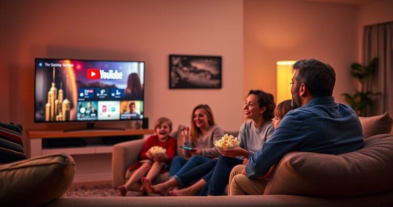 A cozy living room with a modern smart TV displaying the YouTube TV interface, vibrant colors illuminating the space. A family of four excitedly gathers on a comfortable sofa, a bowl of popcorn in hand, as they prepare for a movie night. Warm lighting enhances the inviting atmosphere, showcasing tech-savvy home decor.