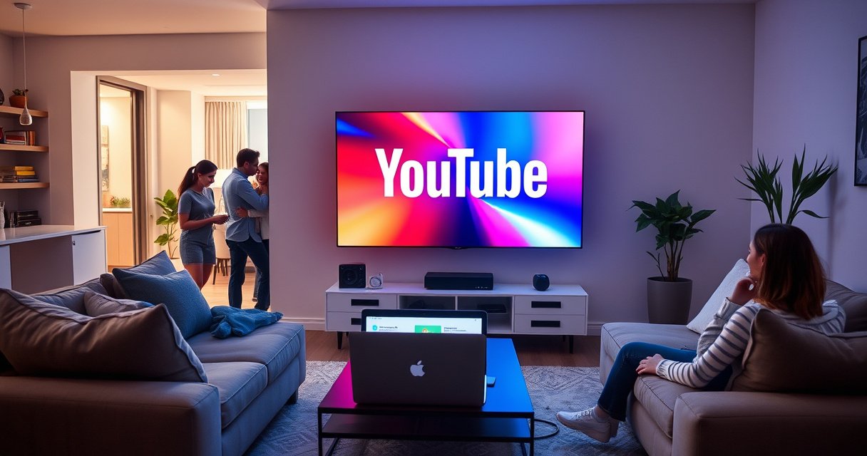 A sleek modern living room featuring a large smart TV displaying the YouTube logo, vibrant colors illuminating the screen, surrounded by a cozy couch and a stylish coffee table. In the background, a family happily interacts, with a laptop open and instructions visible, emphasizing a tech-savvy atmosphere that invites viewers to learn and engage.