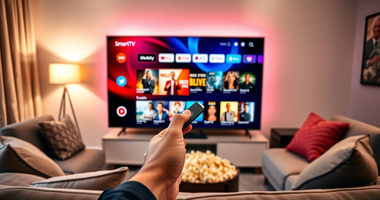 A sleek, modern living room with a vibrant Smart TV displaying colorful streaming apps. A hand connects a shiny Firestick to the back of the TV, surrounded by cozy cushions and a bowl of popcorn. Soft, warm lighting highlights the inviting atmosphere, with a hint of excitement for movie night in the air.