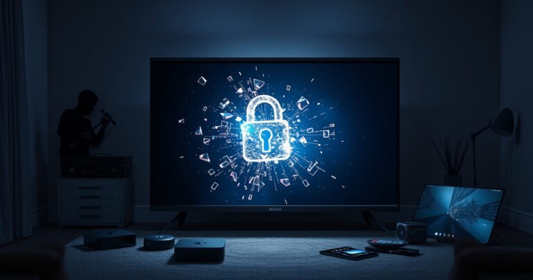 A dimly lit room featuring a sleek, modern smart TV displaying a glowing, intricate digital lock being shattered into fragments, while shadows of a person with a toolkit loom in the background. Surrounding the scene are alternative devices like streaming boxes and tablets, symbolizing safer options for tech-savvy users.