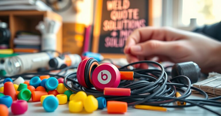 A close-up of vibrant Beats earbuds nestled in a colorful, messy workspace, surrounded by unconventional materials like colorful silicone ear tips, a roll of adhesive putty, and a pair of hands adjusting the earbuds. Soft focus on a motivational quote poster in the background, hinting at creativity and solutions, with warm natural lighting illuminating the scene.