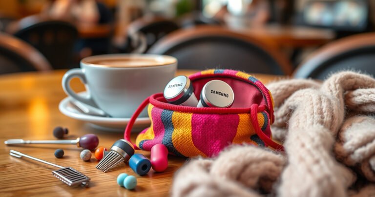 A close-up of vibrant, stylish Samsung earbuds nestled in a cozy, colorful fabric pouch surrounded by a scattering of small, playful accessories like a hairpin, a mini comb, and a soft, fluffy scarf. The background is a warm, inviting coffee shop table with a steaming cup of coffee, radiating a sense of comfort and daily life.