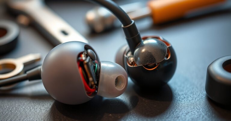 A close-up view of a pair of refurbished earbuds, half disassembled, showcasing intricate internal components like tiny wires and circuit boards, contrasted with a shiny new earbud. Soft light highlights the textures and details, while a blurred background hints at tools and spare parts, creating a sense of exploration and discovery in the world of audio technology.