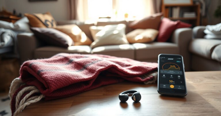 A cluttered living room with a cozy sofa, scattered cushions, and a coffee table, showcasing a pair of sleek Bose earbuds partially hidden under a vibrant throw blanket, while a smartphone displays a tracking app on the side. Natural light streams in through a window, illuminating the scene with warmth and urgency.