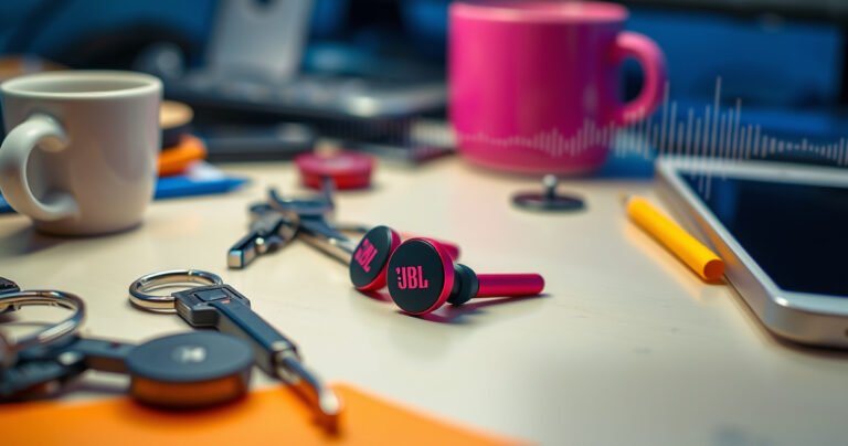 A bright, colorful scene featuring a pair of vibrant JBL earbuds resting on a cluttered desk, surrounded by common household items like keys, a coffee cup, and a smartphone. A soft glow highlights the earbuds, while a faint soundwave pattern swirls in the background, symbolizing connectivity and sound.