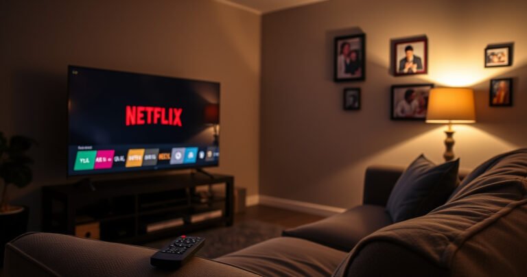 A cozy living room with an LG Smart TV displaying the Netflix logo on screen, a remote control resting on a plush couch, dim lighting creating an inviting atmosphere, walls adorned with family photos, and a warm glow from a nearby lamp, evoking a sense of comfort and entertainment.