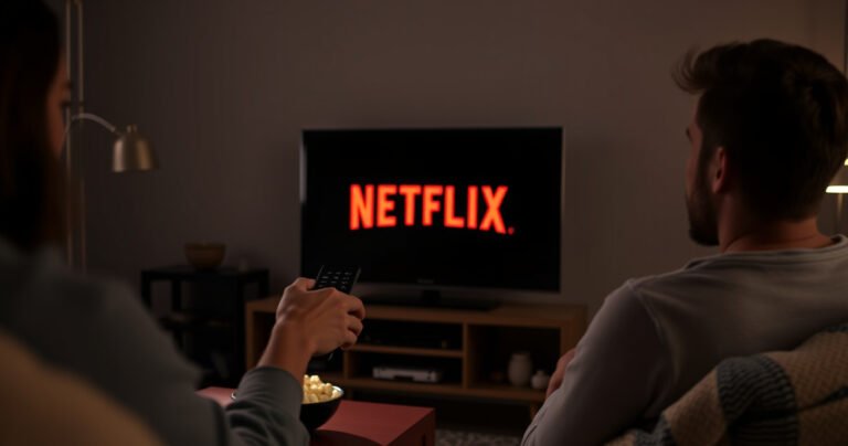 A cozy living room scene with a Samsung Smart TV displaying the Netflix logo, a person reaching for the remote, dim ambient lighting, a bowl of popcorn on the table, a subtle glow from the screen illuminating their focused face, and a soft blanket draped over the couch, inviting relaxation and entertainment.